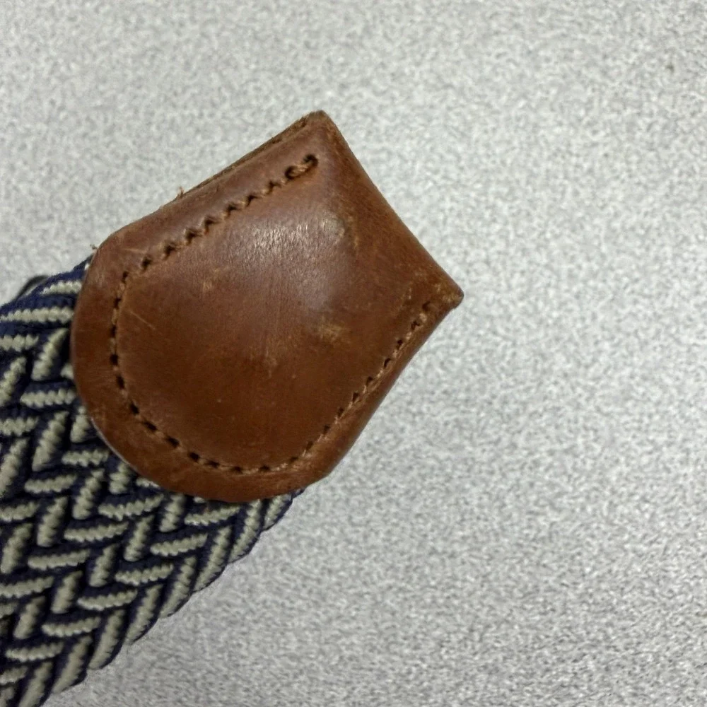 Tommy Bahama Belt Mens L/XL Blue Brown Woven Leather Trim Silver Buckle Elastic